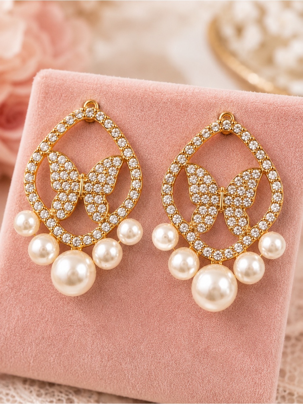 Gold Butterfly Rhinestone & Pearl Earrings NWT Romantic Coquette Style